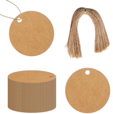 Xynovate 100 Pcs Etiquetas Papel Kraft, Etiquetas de Regalo, Etiquetas de Navidad con Cuerda de Yute para Regalos de Boda, Artesanía Navidad Cumpleaños(Círculo 5x5cm-E)