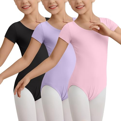 YooAurvox 3 Pack Girls Short Sleeve Ballet Leotards for 2-12 Y Toddler Dance Bodysuits Gymnastics Tumbling Outfits for Kids(Black, Lavender Purple, Light Pink,4-6 Years)