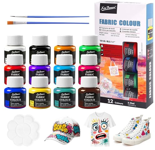 Trukafie Textilfärg, tvättmaskinstålig, set 12 x 25 ml, tvättbar tygfärg, tygfärger, tvättbar, tygfärg, för t-shirt, jeans, kläder, väskor och andra tyger