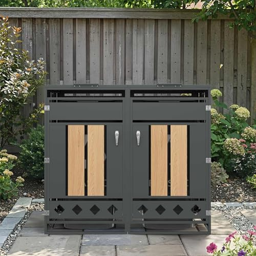 YEHTOKHOME Armoire à poubelles avec Couvercle et Compartiments de Rangement,Meuble de Rangement avec Serrure et 2 Portes, pour Jardins,Cours,commerces et Zones résidentielles (Gris-D)