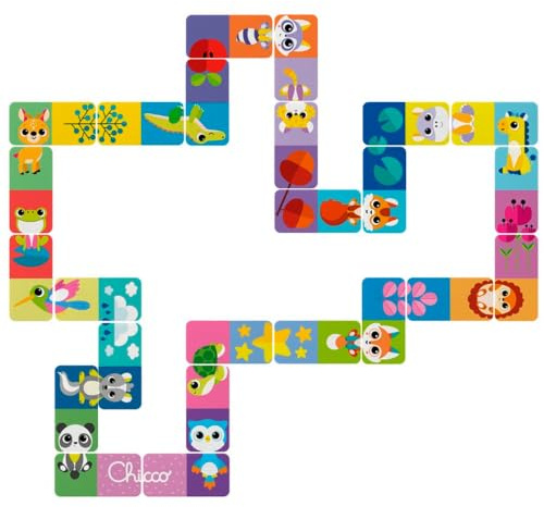 Chicco Domino Montessori 2-en-1 Jeu éducatif Animaux et Chemins, 24 Grandes Cartes avec 3 Pions Bois, Développement Logique et Créativité pour Enfants, Boîte avec Poignée de Voyage, 3 Ans +