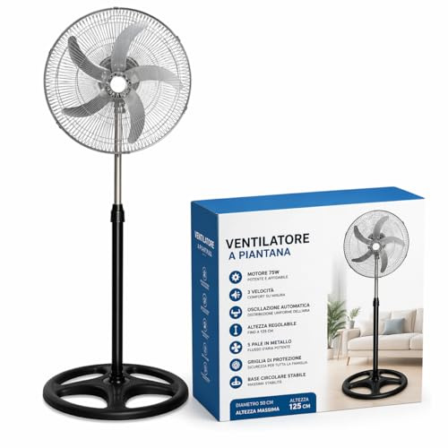 Ventilatore a Piantana da 50 cm con 5 Pale in Metallo e Motore 75W - Oscillazione Automatica - 3 Velocità - Altezza Regolabile 125 cm - Ventilatore SILENZIOSO con Griglia di Sicurezza per Casa/Ufficio