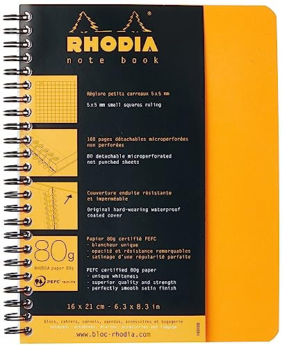 RHODIA 193428C - Quaderno a spirale (rilegatura integrale) Notebook Orange - A5+ 16 x 21 cm- Quadretti piccoli - 160 pag. staccabili - Carta Clairefontaine Bianca 80g/m² - COPERTINA morbida e resistente