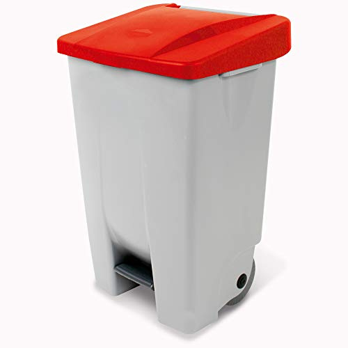 Cubo de basura con ruedas, cestos con tapa, capacidad 80 litros, 740 x 490 x 420 mm, cuerpo gris, tapa roja