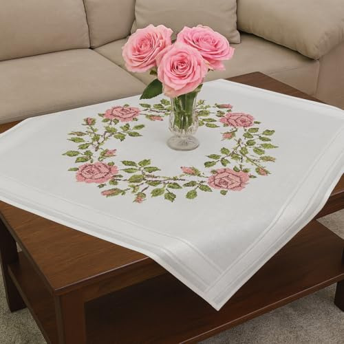 KAMACA Stickpackung Tischdecke 80x80 cm Blumen Kreuzstich-Set vorgedruckte Stickdecke inkl. Stickgarn Stickvorlage und Anleitung Stickset zum Selbersticken für Erwachsene (Rosen Kranz MD 80x80 cm)
