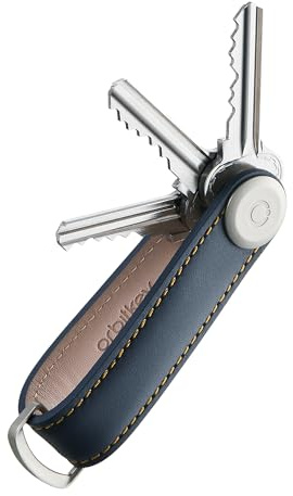 orbitkey Leather Key Organiser - Navy with Tan Stitching | Premium Leather | Holds 2–7 Keys | Quiet Pocket Carry | Stainless Steel Locking Mechanism