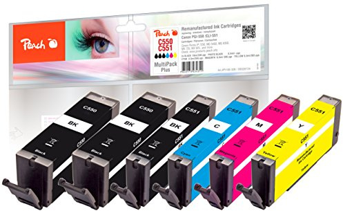 Peach C550/551/555 Spar Pack Plus Druckerpatronen (2xBK, PBK, C, M, Y) Ersetzt PGI-550 * 2, CLI-551 für Canon Pixma, IP 7250, IP7200 Series, MG 5450, MG 6350, MG 7150