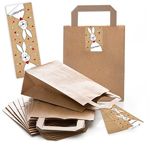 Logbuch-Verlag 25 natürliche Ostertüten aus Kraftpapier - Geschenktüte Ostern mit Henkel 18 x 8 x 22 cm mit Aufkleber - Osterhasen Tüten