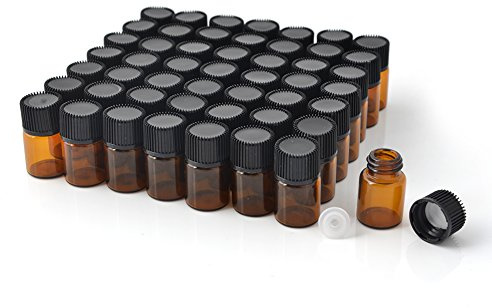 Enslz Lot de 50 mini flacons échantillons vides de 1 ml (1/4 Dram) 2 ml (5/8 Dram) ambré avec bec réducteur et bouchon avec 2 pipettes gratuites Marron 2 ml
