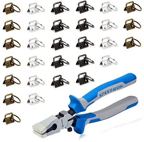SPEEDWOX Key Fob Pliers for 30 Sets 0.8 Inch Key Fob Hardware with Split Rings Antique Black/Antique Brass/White Nickel Webbing Crafts Wristlet Set Glass Breaking Pliers Tools with Rubber Tips