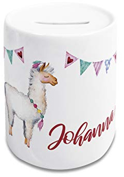 GRAZDesign Lama Spardose mit Name personalisiert | Geschenk zur Taufe Geburt Kommunion Konfirmation, Sparschwein Geldgeschenk, Keramik Weiß mit Motiv, für Jungen und Mädchen
