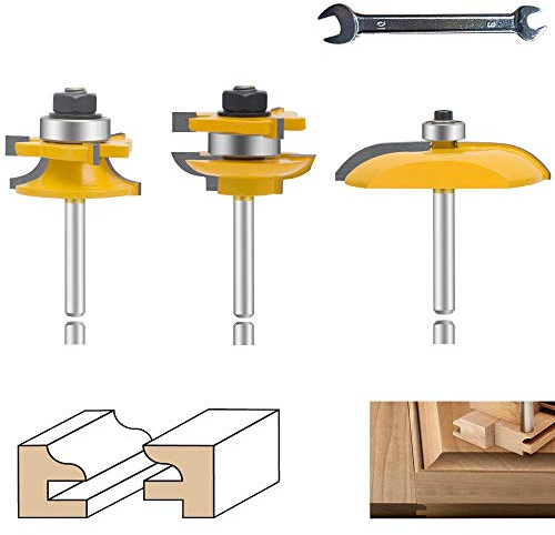 LEATBUY 1/4-Inch Shank Raised Panel Router Bit Set 3 PCS, Round Over Cabinet Door Rail and Stile Router Bits, Woodworking Wood Cutter, Wood Carbide Groove Tongue Milling Tool(TN-S5)