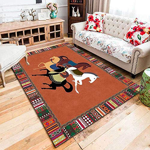 Kurzflor Teppich Wohnzimmer Teppich Bordüre Pferd schwarz grün orange gelb Groß für Wohnzimmer, Schlafzimmer, Kinderzimmer—100*160