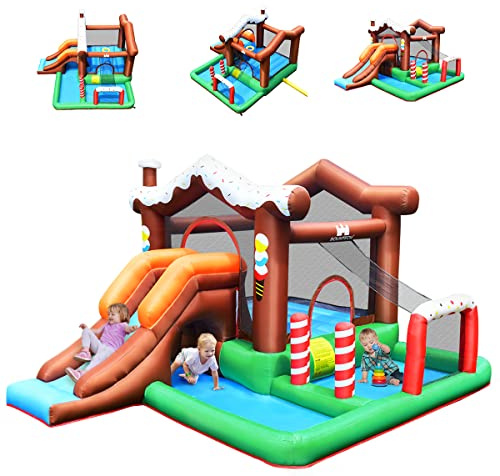 COSTWAY Château Gonflable pour Enfants avec Toboggan Cercle de Basket-Ball Mur d'escalade Filet de Sécurité Sac Design Mignon sans Souffleur…