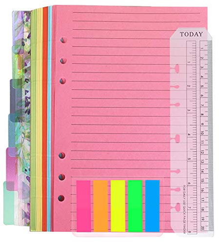 Juego de hojas de notas rellenables A5, 1 paquete de 50 hojas de 6 agujeros A5, papel de recambio de 6 agujeros, separadores de separación, 125 pestañas de índice con regla para cuaderno
