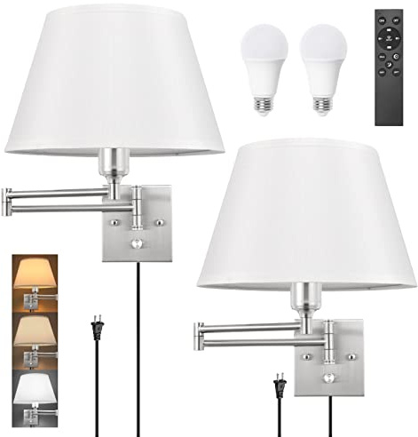 TRLIFE Dimmable Wall Sconce with Remote Control, Adjustable Color Temperature 2700K-6500K and Dimming 10-100% Swing Arm Wall Lights with Plug in Cord, 11.8 Large White Fabric Shade(2 Pack, 2 Bulbs)