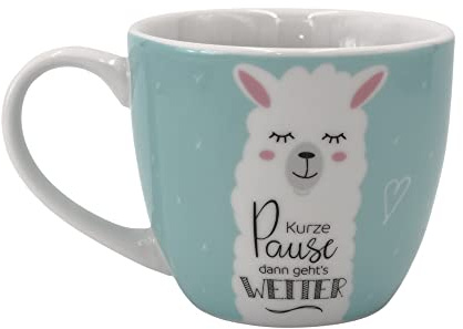 Dekohelden24 ***Maxi - Kaffeebecher/Tasse aus Porzellan, Motiv: Kurze Pause dann geht’s weiter, Größe H/Ø: 9,2 x 10,5 cm, Fassungsvermögen 400 ml, Spülmaschinengeeignet.