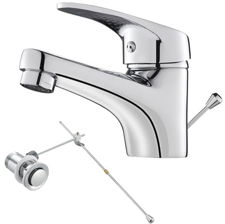 KEOKBON Wasserhahn Bad, Waschtischarmatur Einhebelmischer, Mischbatterie mit Zugstange Keine Schmutzigen Hände Niedriger Auslauf Badarmatur für Badezimmer, Armatur Waschbecken mit Ablaufgarnitur Chrom