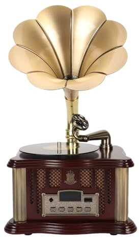 Mini Altavoz Bluetooth con Forma de Gramófono, Altavoz de Fonógrafo con Tocadiscos Retro, Compatible con Bluetooth 5.0, USB, Radio FM, con Bocina Aliado de Zinc (Café)