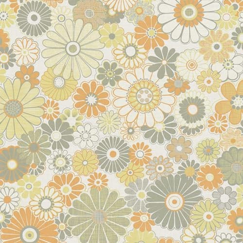 Retro Floral Pattern Wallpaper - Sage Green Orange - Textured Modern Flowers Petals - Paste The Wall