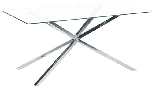 Beliani Mesa de Comedor Rectangular 160 x 90 cm Tablero de Vidrio Templado Transparente Patas Plateadas Cora