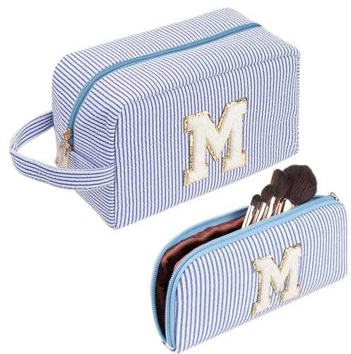 Cord Kosmetiktasche in Blau Mit Initialen - Reise Make Up Tasche, Niedliches Geschenk für Frauen, Freundinnen und Beste Freunde (M)