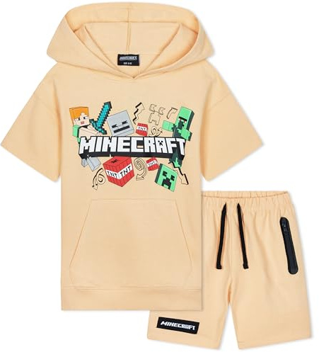 Minecraft Ensemble Survêtement Garçon et Ado Été Sweat à Capuche et Short Creeper Jogging Enfant Cadeau Garçon (13-14 Ans, Pêche)