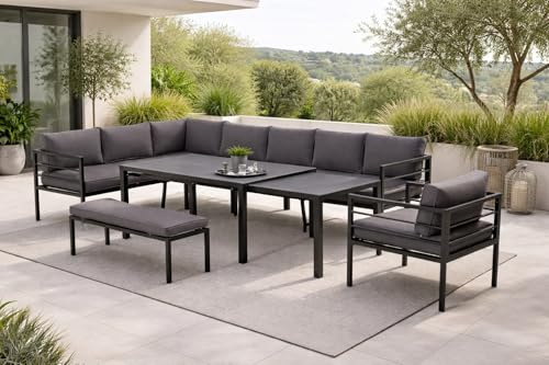 Gardissimo Hohe Dining Aluminium Dining Eck Lounge Set Larino | Ausziehbarer Tisch, Verstellbares Kopfteil, Spiegelverkehrt Aufbaubar