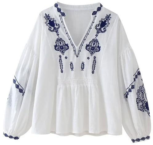 Yimoon Chemisier brodé floral bohème à manches longues bouffantes et col en V pour femme, blanc, Taille S