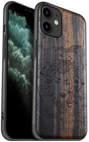 Carveit Coque en Bois pour iPhone 11 Étui Protection Artistique Cover TPU Souple de téléphone Antichoc Compatible avec Apple 11 Etui (Bois Sombre-Enigme de méduse)