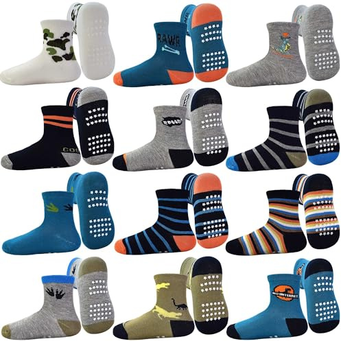 GRPSKCOS Antirutschsocken barn stoppersocken 12 par Rutschfeste Socken Kinder ABS Socken für 1-7 Jahre Jungen Mädchen, #1 Jurassic Century, 1-3 Years