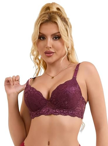 comeondear Push Up Bra for Women Underwired Padded Lace Balconette Wide Back Full Coverage Minimiser Breathe Soft Burgundy 38D