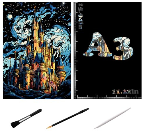 Fantasyland Scratchboard-Set, 405 x 285 mm, DIY Glow-in-the-dark Cartoon Fantasy Nachtlandschaft, schwarzbeschichtetes buntes Kratzpapier mit Werkzeugset (Leuchtendes Schloss)