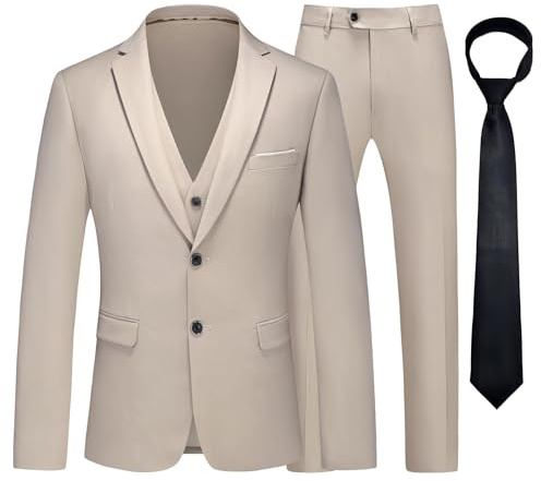 KUDMOL Herren Anzug 3-teiliger Zwei Knöpfe Business Smoking mit Krawatte | Klassischer taillierter Anzug mit Blazer, Weste und Hose für Büro, Hochzeit und formelle Abendessen