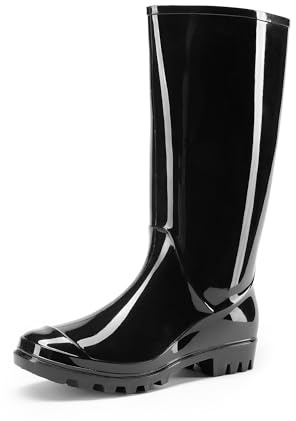 DREAM PAIRS Stivali da Pioggia Alti da Donna Wellington Stivali da Pioggia Impermeabili Antiscivolo ,Size 40,Nero,DWEMRB2502