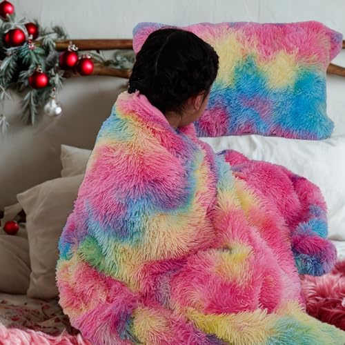 Dolce Vari DV Snuggle Scape Rainbow Throw set for kids Throws Super Soft Warm & Cosy Fluffy Fur Blankets (Rainbow Icecream, Single Blanket 130x180cm)