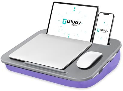 Escritorio de regazo con cojín lavable, se adapta a portátiles de hasta 15.6 pulgadas, escritorio y soporte portátil para laptop, escritorios de cama y bandeja para escribir, leer, trabajar, jugar en