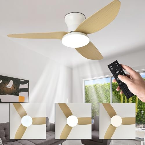 Ventilatore da soffitto dimmerabile intelligente da 100 cm, con telecomando e app, silenzioso, 6 velocità, reversibile, per camera da letto, soggiorno, cucina, finitura in legno chiaro