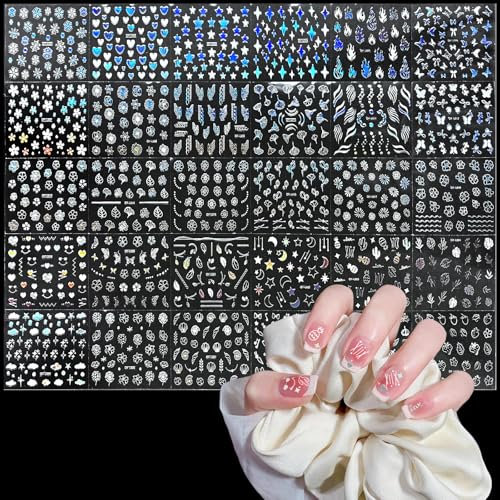 WD&CD 30 fogli adesivi per unghie a forma di fiore, adesivi per unghie autoadesivi colorati, adesivi per unghie carini in argento per donne, ragazze e bambini, salone per unghie fai da te, D