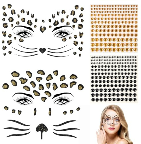 LOPHE Autocollants Visage de Léopard,Feuilles Autocollant De Visage,Strass Autocollant Visage,Autocollants de décoration pour Visage de Dans,Pour Carnaval de Musique, Faire la Fête, Se Maquiller