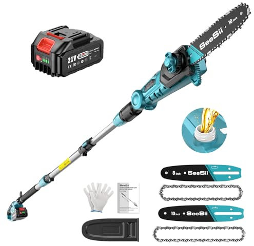 SEESII 8&10 Zoll Hochentaster mit 2 * 4000mAh Akku, Teleskop Kettensäge mit Verlängerungsstange und Gurt, Arbeitshöhe bis zu 4,57 m, Automatischem Öler, Ideal für Garten und Astschnitt