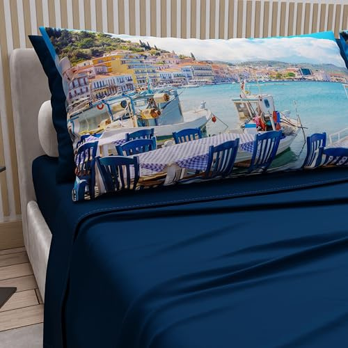 PETTI Artigiani Italiani - Lenzuola Matrimoniali Cotone con Federe in Stampa Digitale, Lenzuolo Completo Letto Matrimoniale Fantasia Grecia Blu Notte, 100% Made in Italy