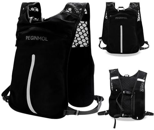 Peginmol Laufweste für Herren & Damen, Leicht Trinkrucksack mit Verstellbarem Brustgurt & Hüftgurt, Laufrucksack mit Reflektierenden Streifen Großem Rückenfach für Laufen, Outdoor, Marathon, Schwarz