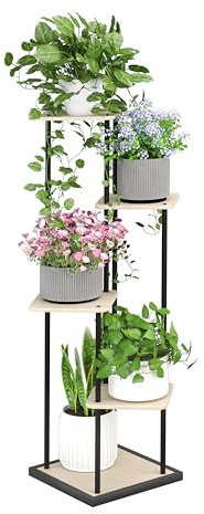 Ribelli 5 Etagen Pflanzenständer, Blumenständer 106 cm, Blumentreppe Blumenregal Pflanzentreppe aus Holz und Metall, Deko für Balkon Garten Wohnzimmer Büro, Holzfarben