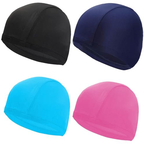 4 Stück Unisex Elastische Badekappen, Bequemer Stoff Schwimmkappe, Komfortable Stoff Badekappe, Schwimmhaube Weiche Hochelastisch und Strapazierfähige für mädchen Lange Kurzes Haar Herren Kinder