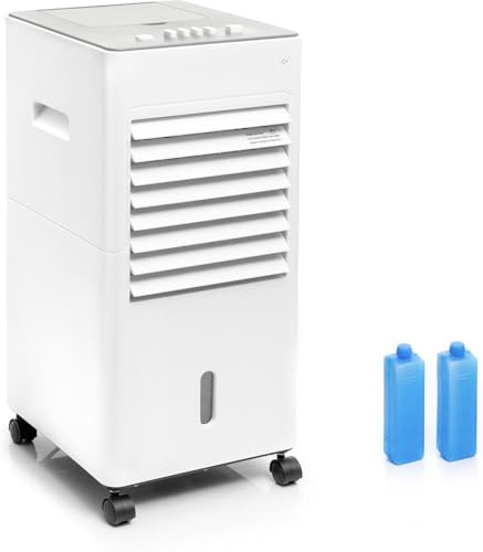 Climatiseur évaporation Portable, Rafraîchisseur d’air, 5 Litres, 3 vitesses, Double Réservoir, 2 Blocs réfrigérants, Filtre Lavable, Roues pivotantes 360°, Flux d’air Orientable, Silencieux, 65 Watts