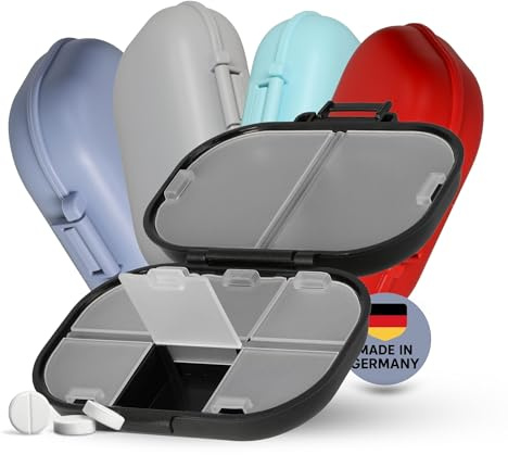 Tablettenbox 7 Tage 'Medi' - BPA-freie Pillendose mit insgesamt 8 Fächern für ausreichend Platz - sicherer Transport durch Klickverschluss - Medikamenten Aufbewahrung für die Woche, Farbe:schwarz