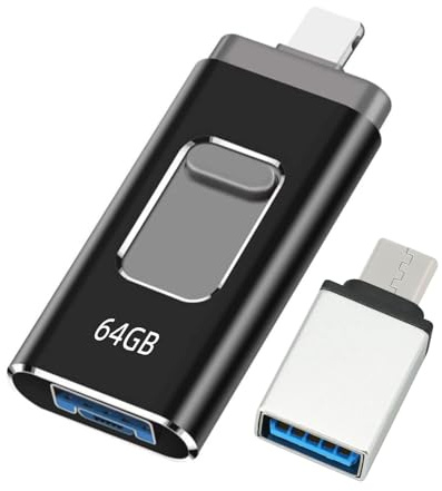 64GB USB Stick für iPhone, MFi-zertifizierter Lightnning Speicherstick, 4-in-1 Stick für Handy – Kompatibel mit iOS/Android/PC, USB 3.0 Plug-and-Play - zur Sicherung von Fotos und Videos, Schwarz