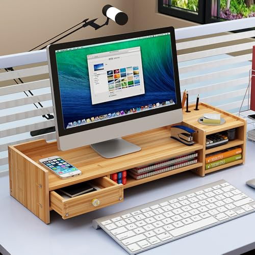 Wooden Monitor Stand Riser for Desk, Laptop Stand with Drawers, Desktop Organizer, Ergonomic Height Adjustable Computer Screen Shelf for Home Office, Fits iMac, Laptops 10-17 Inch