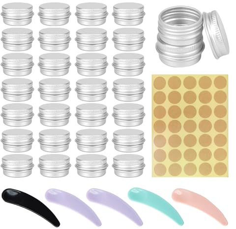 30 Pcs 5ml Aluminum Cans with Sticker and 5 Pcs Scraper spoons, Aluminum Cosmetic Pots with Leak-Proof Screw Lids, Travel Sample Containers, Portable Mini Storage Jars for Lip Balm, Creams and Makeup